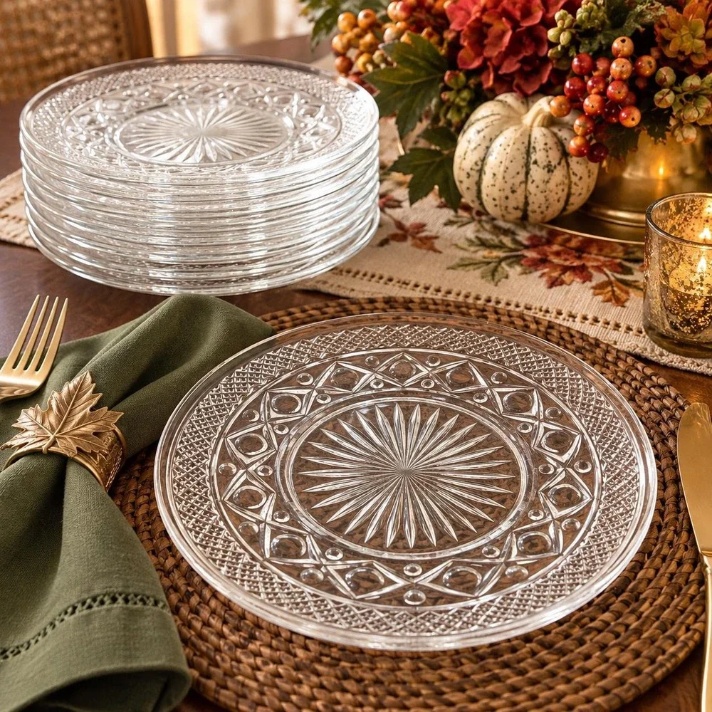 Vintage Clear Glass Salad Plates Set of 8 Starburst Diamond Dessert Plates